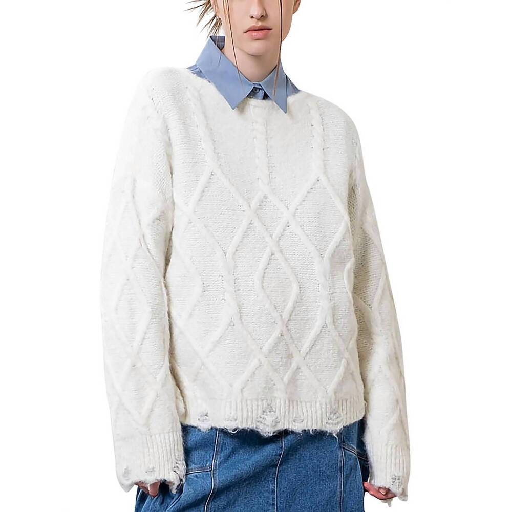 NEW MOON RIVER destroyed cable sweater in white